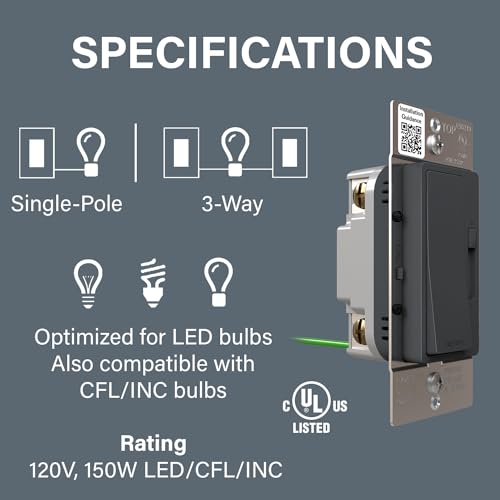 Image of Legrand Radiant 150W LED Dimmer Light Switch 3-Way Rocker Graphite 1 Pack