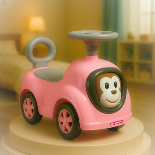 Image of MiniExplorer Monkey Ride-On Toy Car for Kids | Push Ride Car with Music, Horn, Backrest, Safety Guard, Under Seat Storage & Big Wheels | Baby Ride-On for 1-3 Years Boys & Girls - Pink