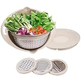Gzsekken 2 Layer Rotatable Colander Bowl Set 4-1 Stainless Steel Colander with Mixing Bowl Set,Plastic Washing Basket Mixing Bowl Vegetable Slicer,Kitchen Food Washing Drain Colander - Beige