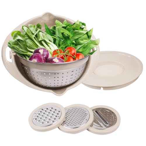 Gzsekken 2 Layer Rotatable Colander Set - Stainless Steel Colander with Mixing Bowl Set, Plastic Washing Basket, Vegetable Slicer - Beige