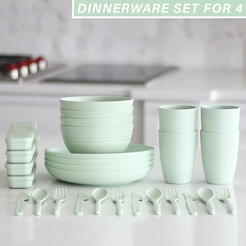 Wheat Straw Dinnerware Sets (28 Pcs) | Unbreakable Dinnerware Sets | Dishwasher Microwave Safe Dinnerware | Eco Friendly Non Breakable Dinnerware Sets | Plates, Bowls, Cups, Cutlery (Green) #TOP2