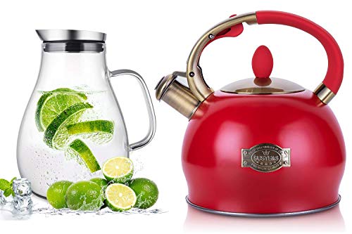 SUSTEAS 2.64 Quart Stove Top Whistling Tea Kettle and 68 ounces glass pitcher with lid for homemade beverage