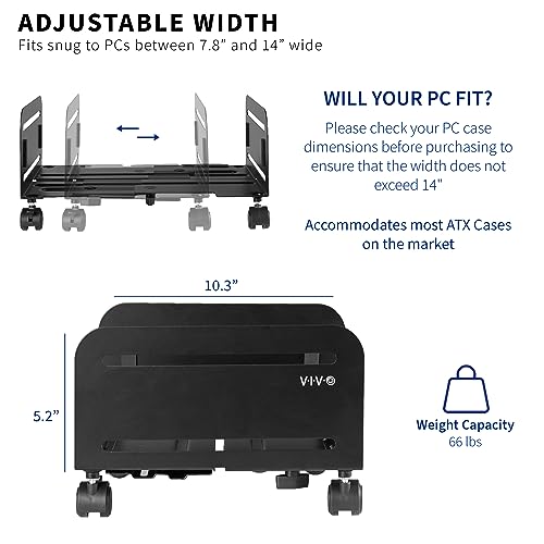 VIVO Large Computer Tower Desktop ATX-Case, CPU Steel Rolling Stand, 7.8 to 14 inch Wide Adjustable Mobile Cart Holder with Locking Caster Wheels, Gaming PC Holder, Black, CART-PC01L