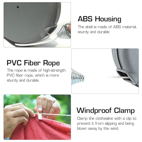 Image of HASTHIP Retractable Clothesline - 30lbs Portable Heavy Duty Indoor and Outdoor Washing Line, 39 Feet PVC Retracting Clothes Line with Wooden Clamp, Wire Clothesline Outdoor Clothesline (Grey)