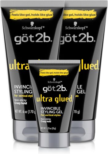 Got2B Ultra Glued Invincible Styling Gel Set, 6 Fl Oz (2-Tube) + 1.25 Fl Oz Travel Size, Hair Gel for Men and Women with Extra Strong Hold, Non-Sticky, No-Flake Formula for Vertical Styles