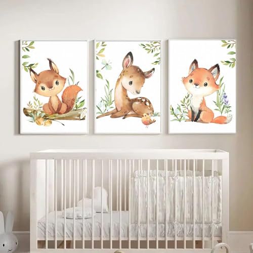 3 Affiches Animaux Chambre Bebe Deco Jungle Tableau Chambre Bebe Renard Biche Écureuil Foret Affiche Chambre Bébé Brun Decoration Chambre Enfant Fille...
