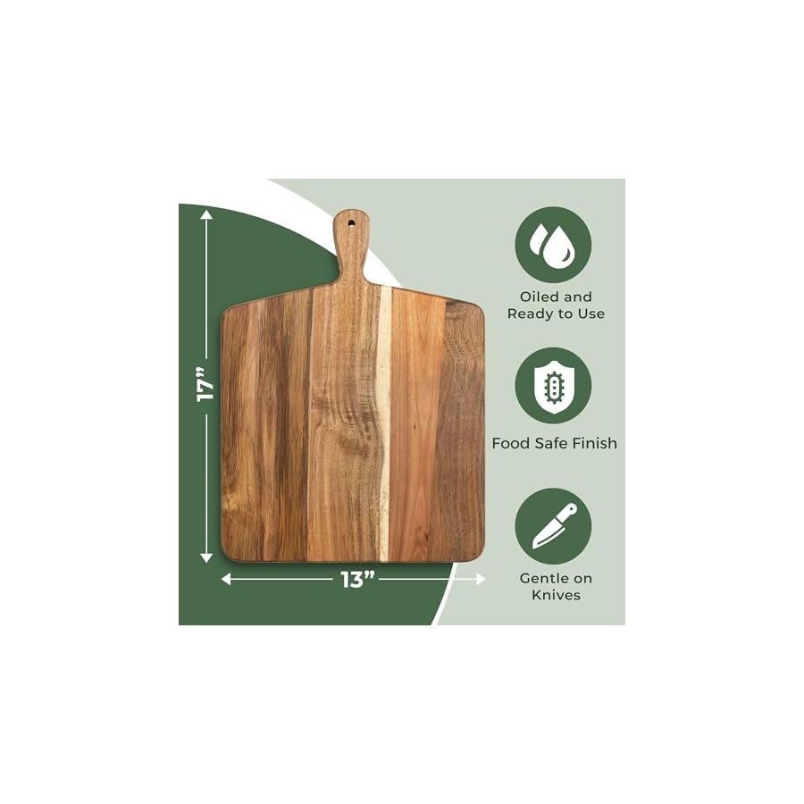 Acacia Wood Cutting Board and Chopping Board with Handle for Meat, Cheese Board, Vegetables, Bread, and Charcuterie - Decorative Wooden Serving Board for Kitchen and Dining Room, Large 17” x 13”