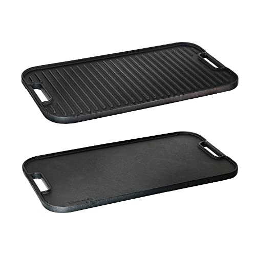 Uma Chapa Bifeteira Dupla Face com Duas Alças em Ferro Fundido 48x26 Face Lisa e Grelhada