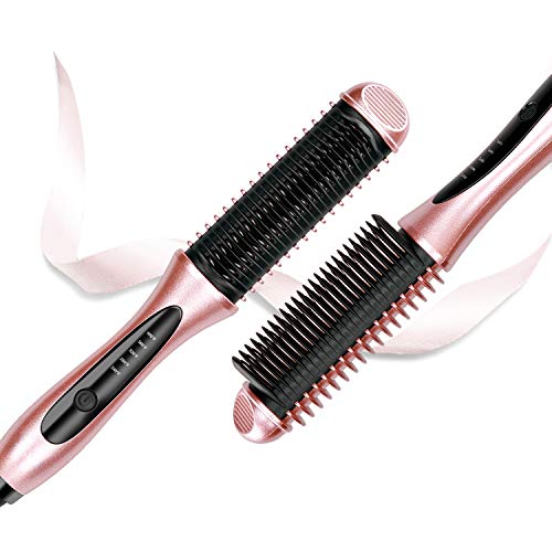 Hair Straightener Brush, Ceramic Straightening Hair Brush with Anti Scald, 30s Fast Heat up, LCD Display & Dual Voltage Travel Straightening Comb, Heated Straightener Comb for Home (Rose Golden)