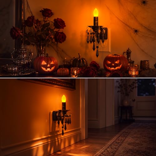 Image of Briignite Halloween Chandelier Night Light Plug in, Dusk to Dawn, Gothic | Dimmable Brightness Night Lights Plug into Wall, Amber Warm Glow, Skull Candlestick, Bathroom Bedroom Hallway Halloween Decor