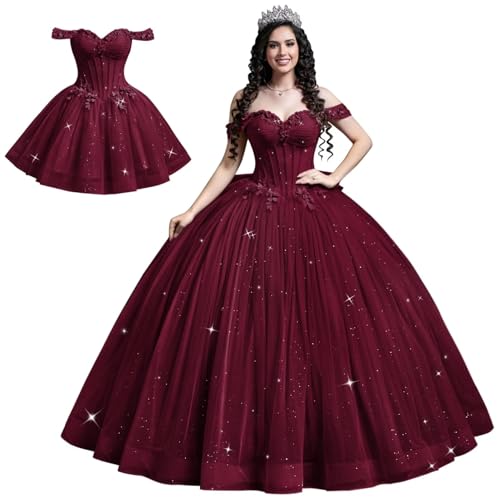 Mauuwy Burgundy Deep 2Pcs Detachable Quinceanera Dresses with Bow