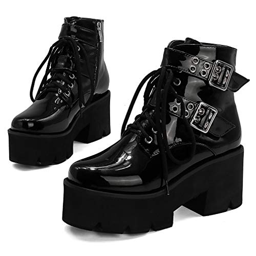 Image of Parisuit Womens Goth Patent Ankle Boots Platform Chunky Combat Boots