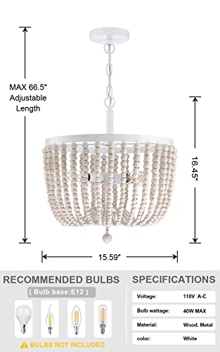 4 Light Pendant Light Nature Wood Beaded Boho Kitchen Island Chandelier Light Fixtures Handmade Off White Finish For Hallway Baby's Nursery Bedroom Kitchen Living Room #TOP3