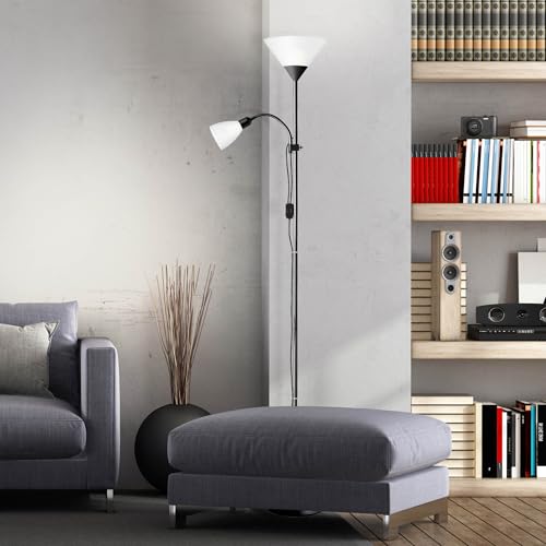 Lightbox Lampadaire 1,8m de hauteur - lampadaire noir avec bras de lecture réglable - 1x E27 max. 60 W & 1 x E14 max. 25 W en aluminium/plastique en noir/blanc