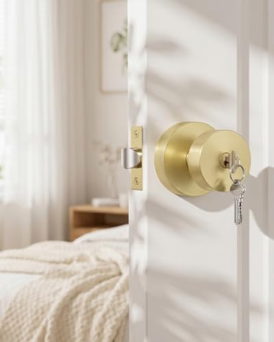 Image of Goldenwarm Gold Door Knobs Entry, Zinc Alloy Brushed Gold Door Knobs with Lock and Key, Front Door Lock for Exterior or Interior, Adjustable & Reversible (1 Pack)