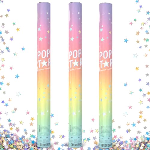 Cañón Confeti Boda, Cañón para fiestas y eventos, Fáciles y Seguros de Usar, Apto para bodas, eventos, celebraciones, Uso interior y Exterior, Diseño Estrellas Iridiscente, 30 cm, Pack de 3 unidades
