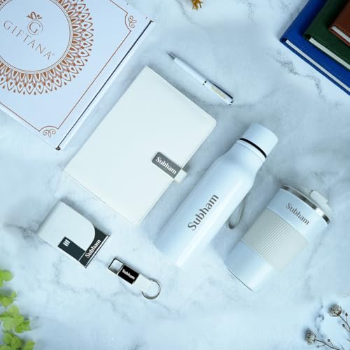 Image of Giftana Personalized Diary with Pen, Coffee Tumbler 510ml, Water Bottle 750ml, Keychain, Card holder Gift Set for Men and Women, 6 in 1 Personalised Corporate Gifting for Employee (White)