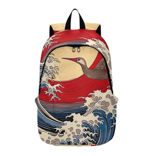 CZXW Japanese Sea Wave Travel Backpack Carry On for Women Men, 15.6 Inch Laptop Backpack, Airline Approved, Water-Repellent Casual Daypack for Sport