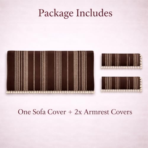 Image of STITCHNEST Chenille Printed Sofa Cover 3 Seater with 2 Hand Rest Covers - Washable Brown Sofa Cover with Tassels - Durable Premium Fabric - Stylish Sofa Protector for Living Room & Furniture Decor