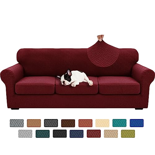 XINEAGE 2025 New 4 Pieces Extra Large Couch Covers for 3 Cushion Sofa Super Stretch Sofa Cover for 3 Large Seat Cushion Universal Fitted Slip Cover for Living Room (Wine Red), 91"-110"(3 Cushions)
