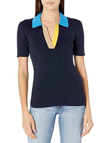 Lacoste Women's Short Sleeve Colorblock Collar Buttonless Polo Shirt, Navy Blue/Ibiza-Wasp-Vien, 0