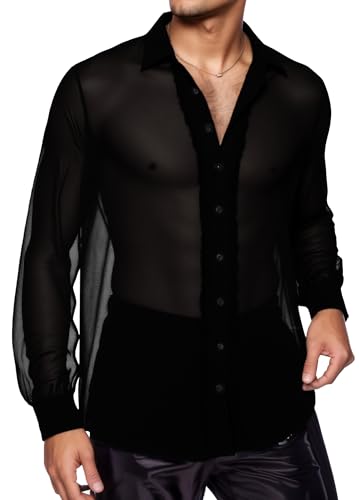 AIEOE Herren Durchsichtiges Chiffon Hemd Langarm Transparent Shirt Sexy Clubwear Party Outfit Netzhemd Sommer Oberteil Schwarz Größe XL