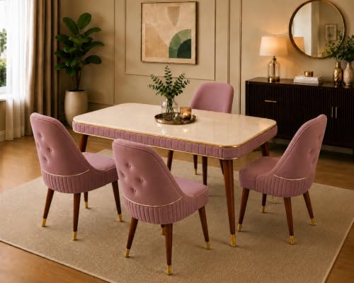 Image of WOODEN SPACE Majestic 4 Seater Wooden Dining Table Set | Urban Marble Top Dining Table with Chairs for Dining Room & Kitchen (Pink Modern Grand Aura) (54 x 36 x 30 inch)