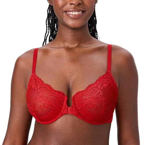 DELIMIRA Femme Soutien Gorge Fermeture Devant avec Armature Grande Taille Dentelle Non Rembourré Rouge à lèvres 115E