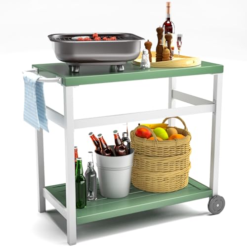 RICNOD Outdoor Dining Cart Table, Aluminum Grill Cart, Movable Pizza Oven Table Rustproof Weatherproof, Kitchen Cart for Backyard, Garden, Lawn, White Green