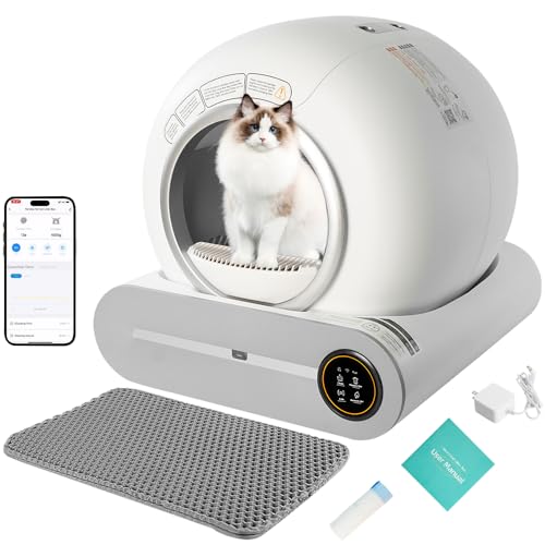 Self-Cleaning Cat Litter Box, Scoop Free Covered Automatic Cat Litter Box Self-Cleaning for Multiple Cats Ultra Cleaning -Odor Removal- APP Control, Large Capacity 65L with Garbage Bags