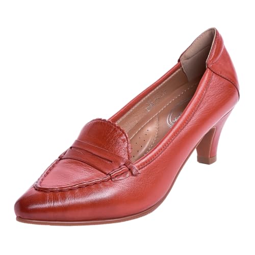 Mona flying Women's Leather Pump Med Heel Pointed Toe Office Dress Shoes for Ladies