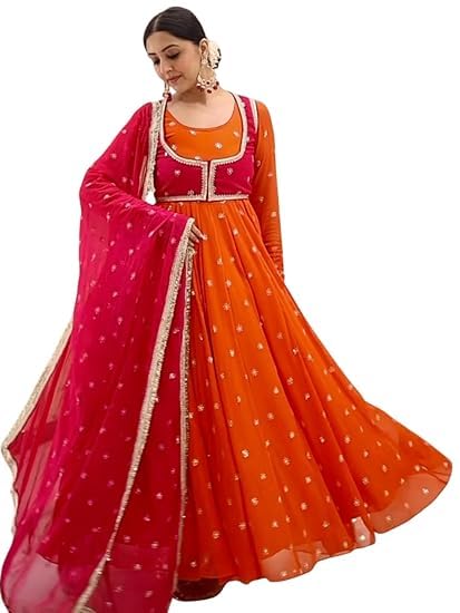 Women Faux Blooming Georgette Gown with Dupatta with Attractive Embroidered Sequins Work with Lace Border-picture-56