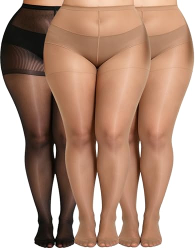 Image of MERYLURE Plus Size Sheer Tights for Women,20D Control Top Pantyhose Reinforced Toes High Waist Stockings 3 Pairs 1XL-6XL