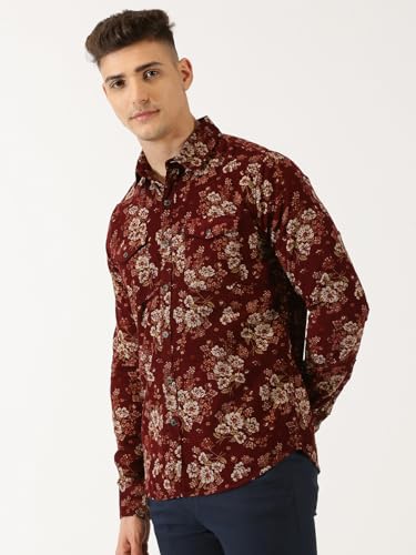 Image of Thomas Scott Men Slim Fit Pure Cotton Corduroy Floral Printed Semi-Formal Shirt
