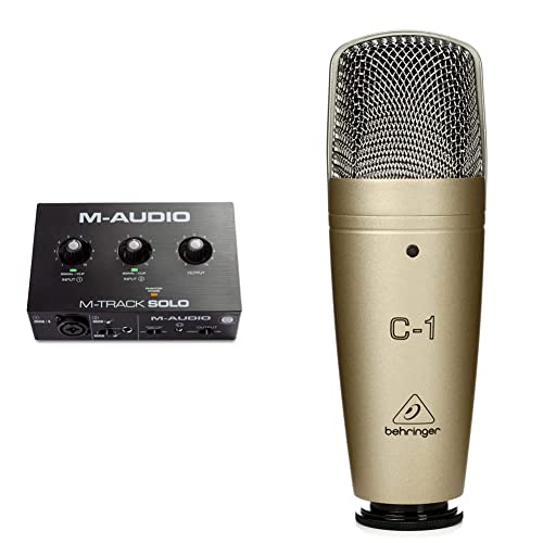 M-Audio M-Track Solo Interfaz De Audio Usb Para Grabaciones, Transmisiones Y Pódcasts Con Entradas Xlr, Línea Y Di + Behringer C-1 Micrófono De Condensador, Color Dorado