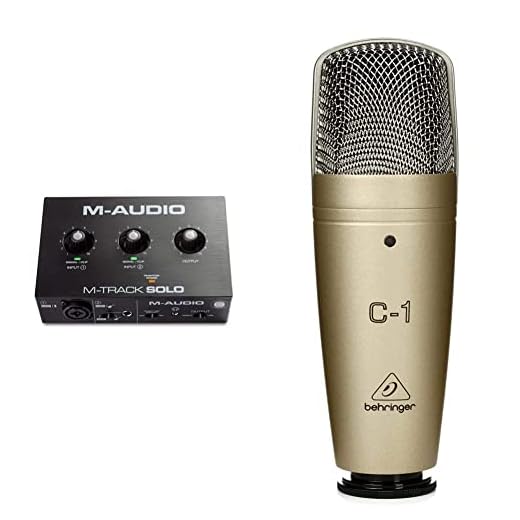 M-Audio M-Track Solo Interfaz De Audio Usb Para Grabaciones, Transmisiones Y Pódcasts Con Entradas Xlr, Línea Y Di + Behringer C-1 Micrófono De Condensador, Color Dorado