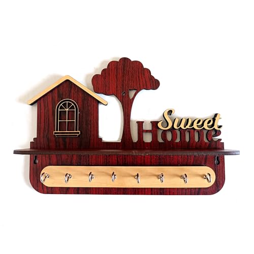 Image of lampees Home Decor Unique Stylish Wooden Key Holder for Wall Decor with Stylish Stainless Steel 8 Hooks Beautiful Key Organizer for Home Decoration (Style01)