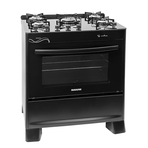 SUGGAR FOGÃO NEO GLASS PRETO MESA DE VIDRO 5 BOCAS TREMPE 6 APOIOS ACENDIMENTO AUTOMÁTICO FGVNG510PT