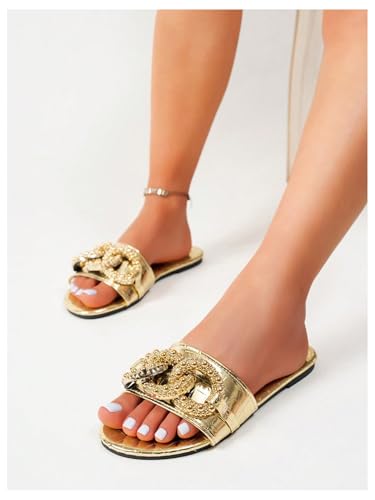 GORGLITTER Women's Metallic Chain Flat Sandals Open Toe Slip on Dressy Summer Slides4
