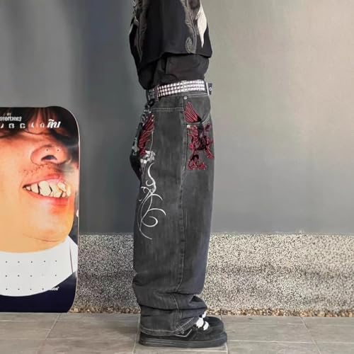 BXCNCKD Unisex Retro Street Trendy Jeans Hiphop Loose Wide Leg Pants Dark Gothic Embroidered Jeans3