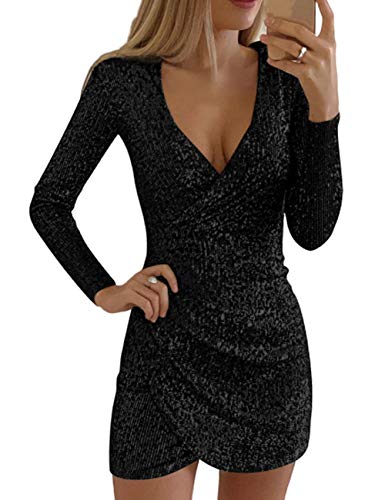DUBACH Women Fashion V-Neck Surplice Wrap Ruched Sequins Bodycon Dress S Black