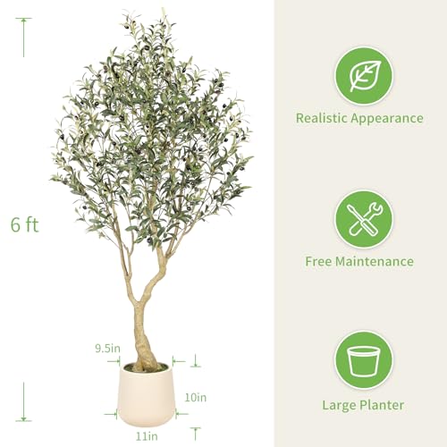 Realead 6ft Artificial Olive Tree with Tall Exquisite Planter - Realistic Faux Olive Tree with Thick Trunk and Lifelike Fruits - Large Fake Olive Tree for Home Office Decor - Image 4