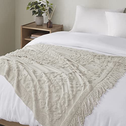 Madison Park 100% Cotton Tufted Chenille Design With Fringe Tassel Luxury Elegant Chic Lightweight, Breathable Cover, Luxe Cottage Room Décor Summer Blanket, 50" X 60", Grey #TOP1