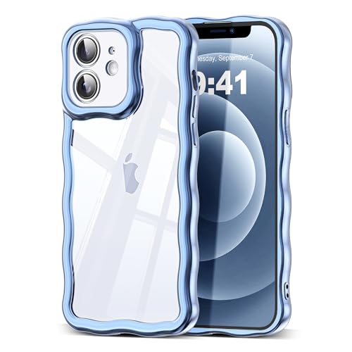 SKYLMW Compatible with iPhone 12 Case, Kawaii Cute Curly Wave Frame Luxury Plating Edge, Stylish Glossy Clear Back, Soft TPU Shockproof Protective Cases for iPhone 12, Blue -  XR-LMW-JS-iphone12-DBL-YFL