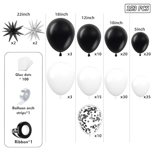 Image of 153Pcs Black and White Balloons Garland Arch Kit with Stars - 22 18 12 10 5 inch Different Size Black White Confetti Balloons for Birthday Anniversary Wedding Graduation Party Decorations