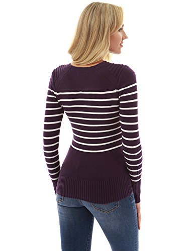 PattyBoutik Women Crewneck Striped Military Sweater (Dark Purple and Ivory Large) - Thumbnail 3