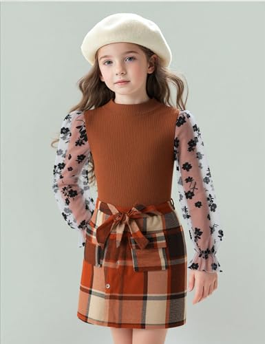 Image of Toddler Girl Clothes Girls Outfits Flare-lace Sleeve Top and Plaid Skirt Dress Fall Winter 2Pcs Girls Clothes 5-12T