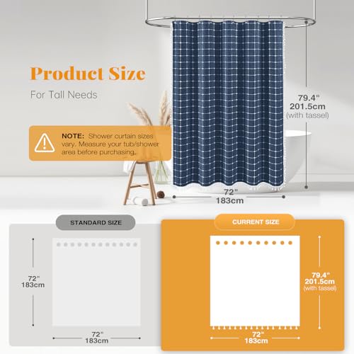 Image of BTTN 78 Inch Long Shower Curtain - Boho Farmhouse Linen Ultra Thick Fabric Shower Curtain Set with Plastic Hooks, Tall Rustic Country Weighted Cloth Shower Curtains for Bathroom - Navy Blue - 72x78