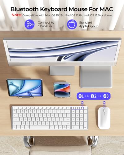 Image of seenda Bluetooth Keyboard and Mouse Combo for Mac, SKM64-2 Rechargeable Silent Wireless Keyboard Mouse Compact Slim, 3 Multi-Device Connection, Compatible for Mac MacBook Pro /Air iPad, White Silver