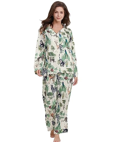 Image of YiNi LuLu Womens Silk Satin Pajamas Set Button Down 2 Piece Pjs Long Sleeve Oversized Sleepwear with Pockets